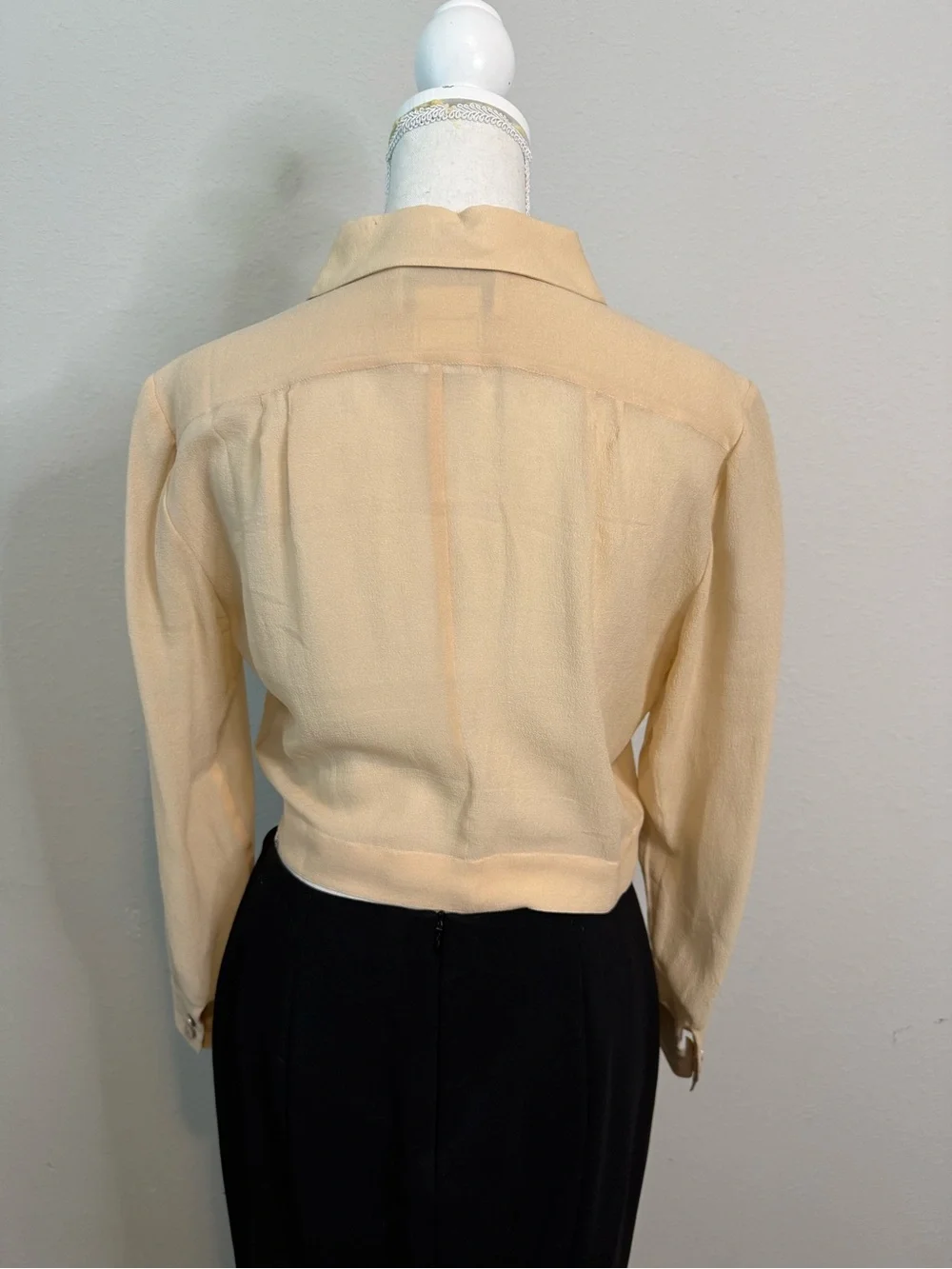 Classic CHANEL 2001A Nude Beige  Silk Sheer Cropped Shirt CC Logo Buttons FR 40